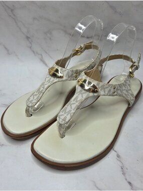 Michael Kors MK Plate Vanilla Gold Sandals Flats Logo Print Women's 9